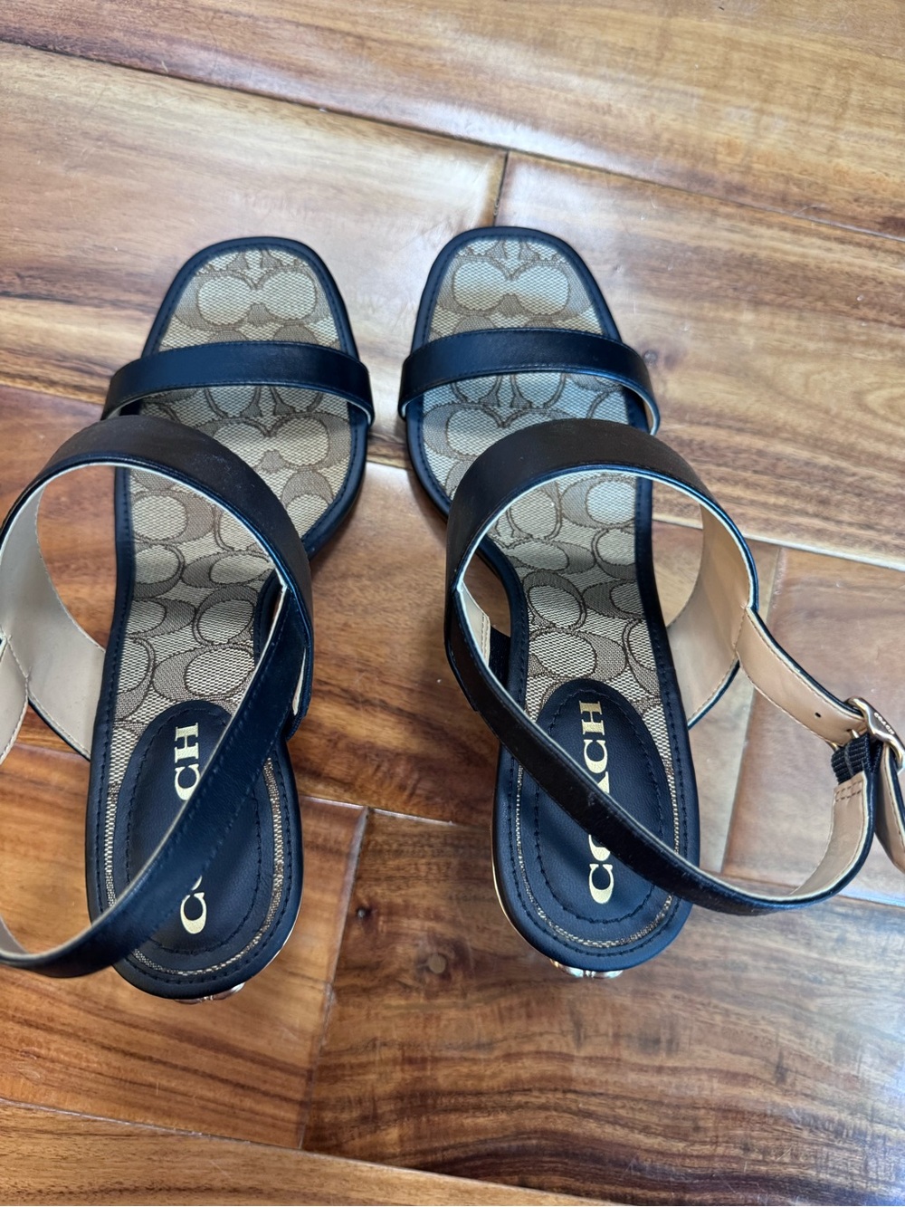Coach Rori Black Leather Strap Heeled Sandals with Signature Canvas Insole